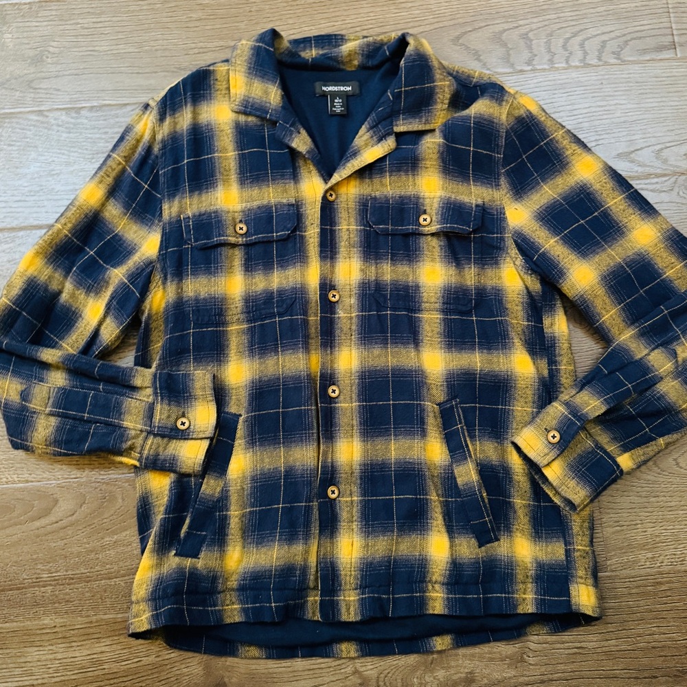 Nordstrom Kids 10/12 Navy Blue and Yellow Plaid Fully Lined Flannel Jacket